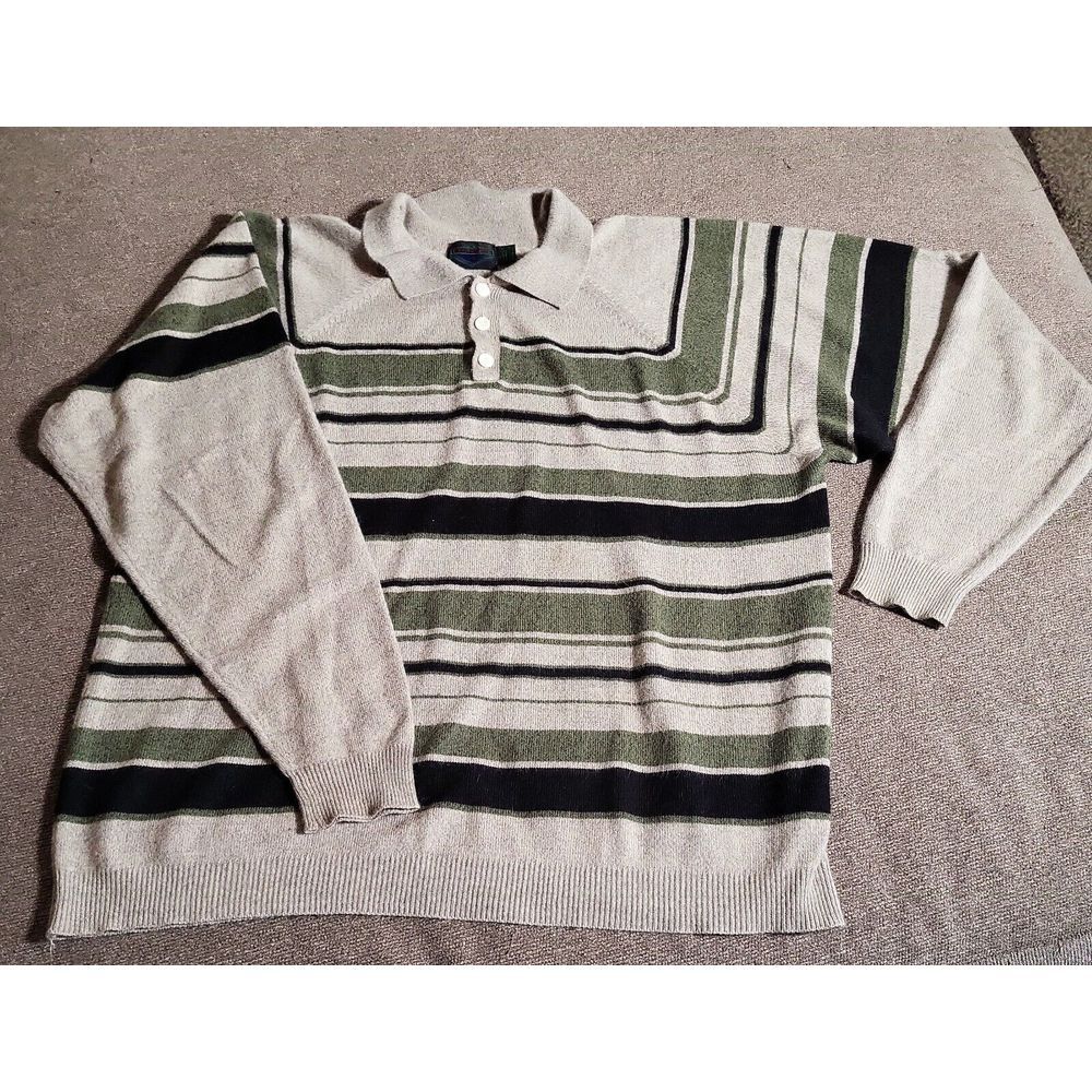 VTG Etchings Men Polo Long Sleeve Shirt Nerdcore Green Tan Black Striped Acrylic